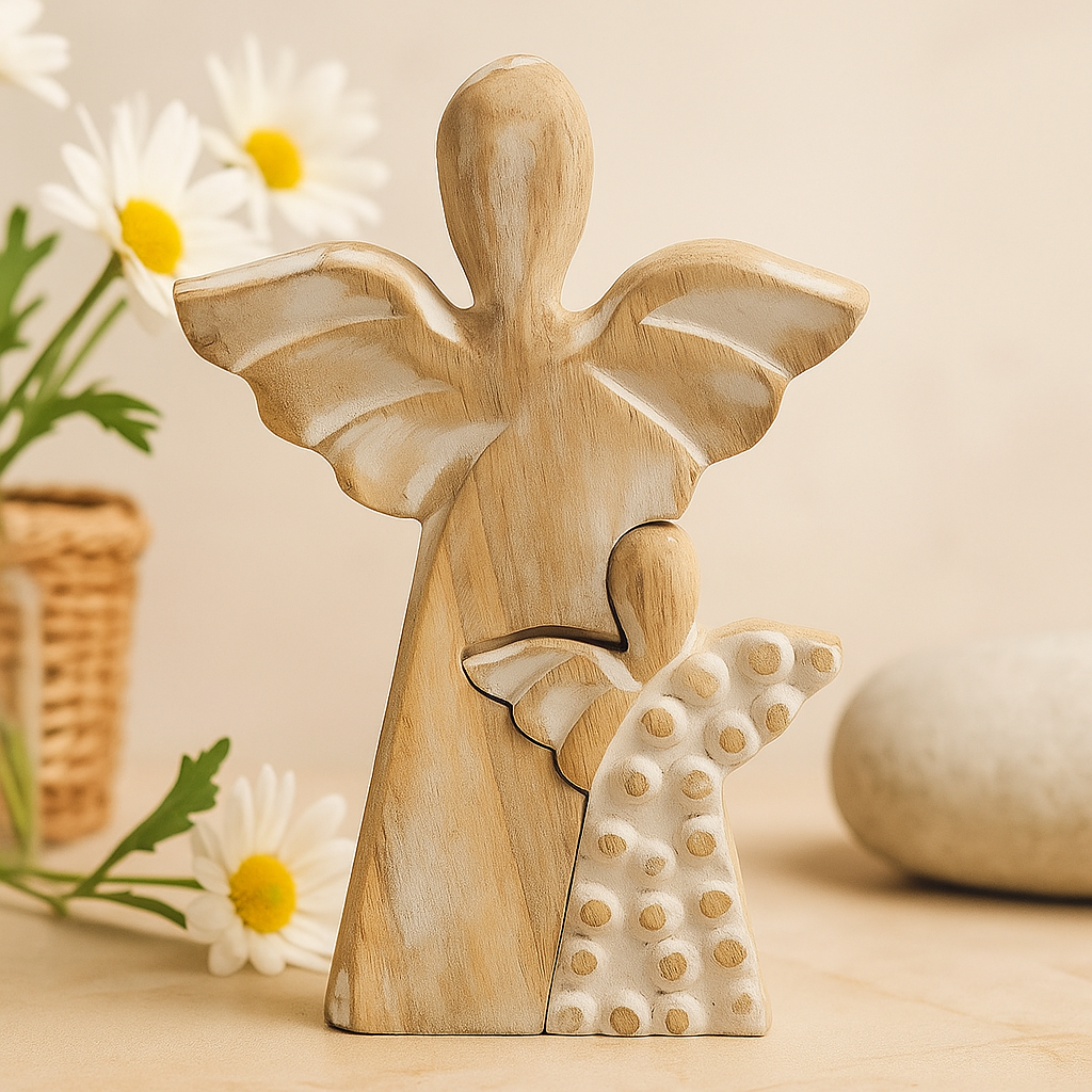 Whitewashed Hand-Carved Mango Wood Double Angel Figurine