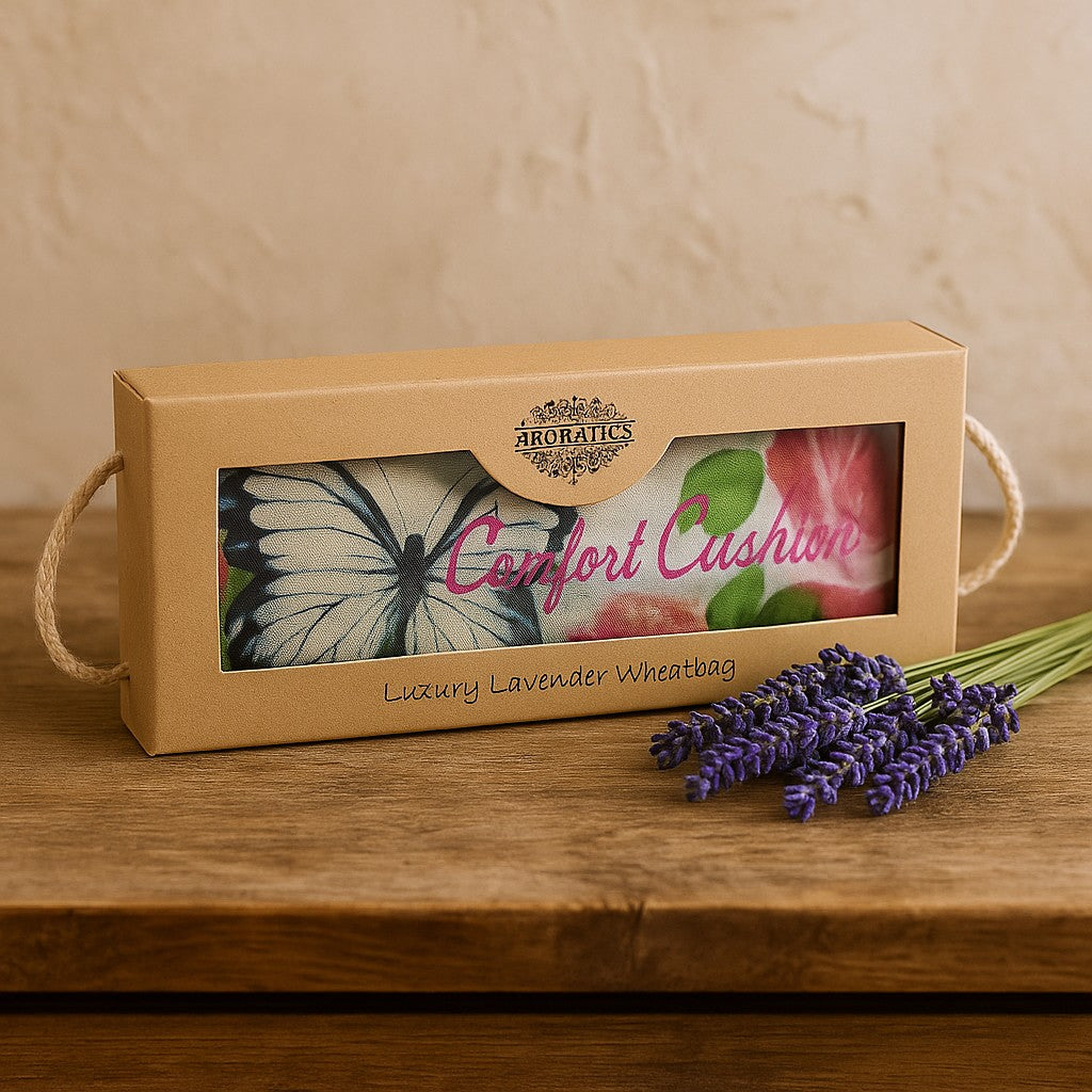 Caja de regalo con almohada para ojos de lavanda, mariposas y rosas