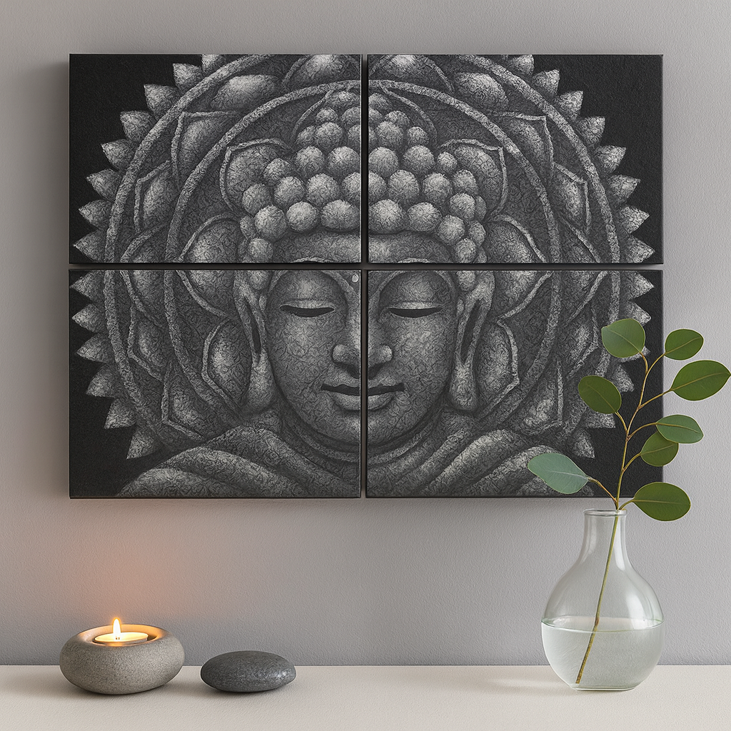 Buddha väggkonst set om 4 grå mandala