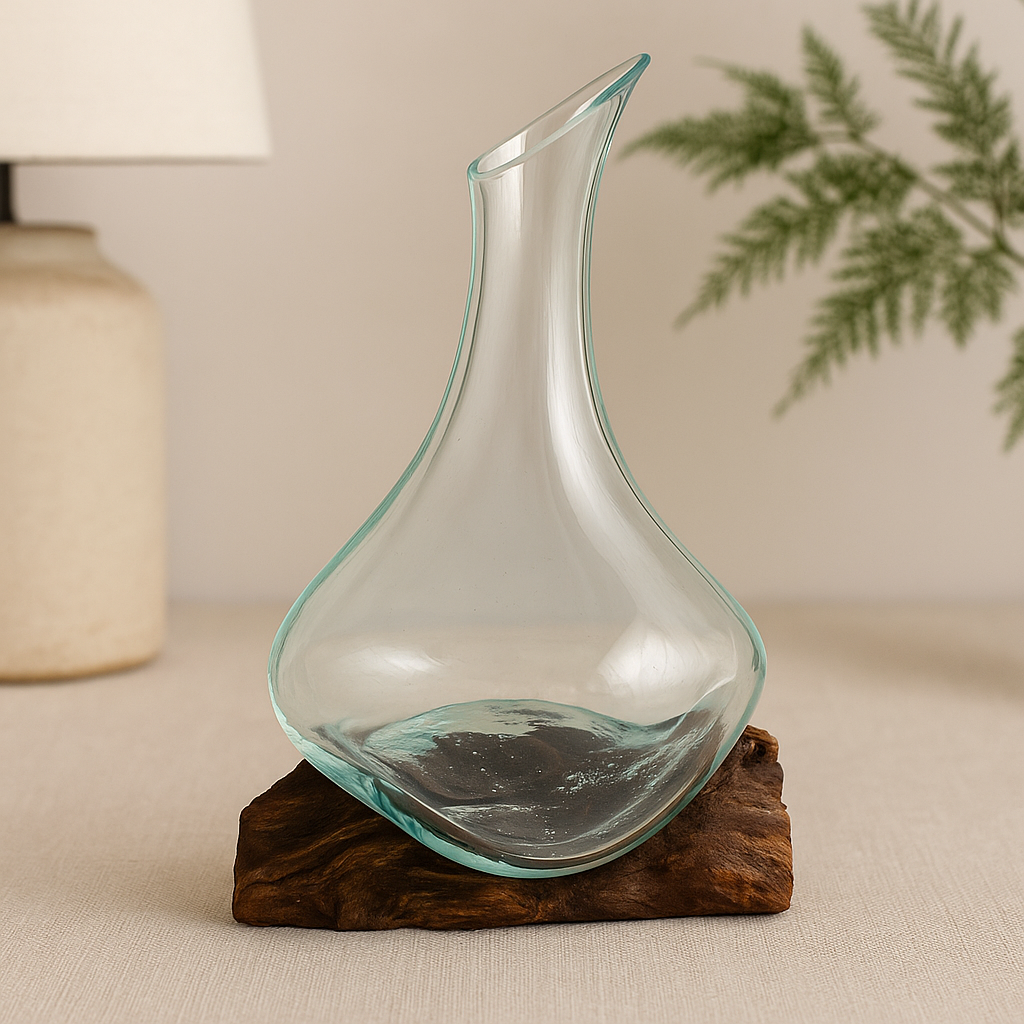 Molten Glass Vase on Reclaimed Wood Base 20cm