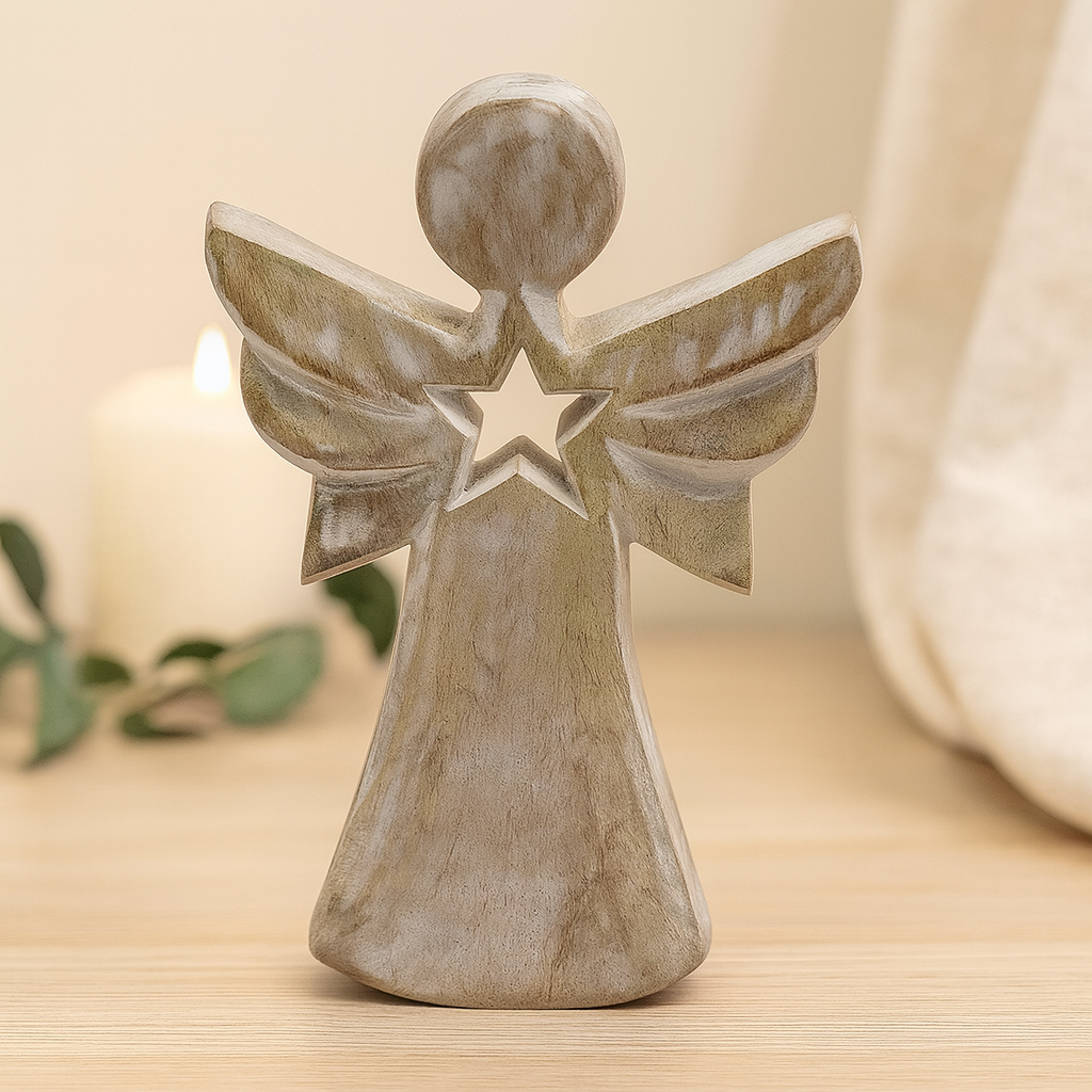Hand-Carved Whitewashed Mango Wood Angel Figurine, Star Cutout