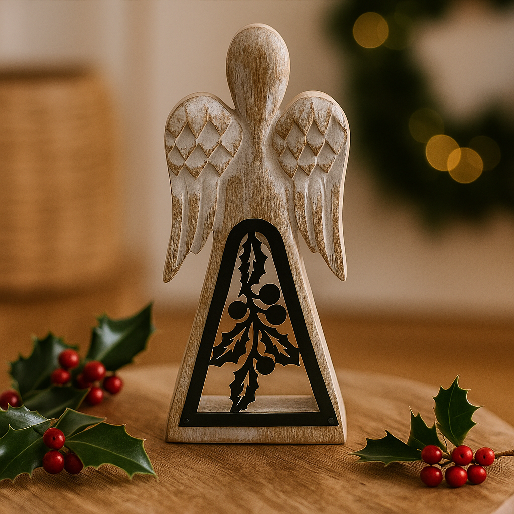 Hand-Carved Mango Wood Angel, Iron Holly Cutout, 18cm