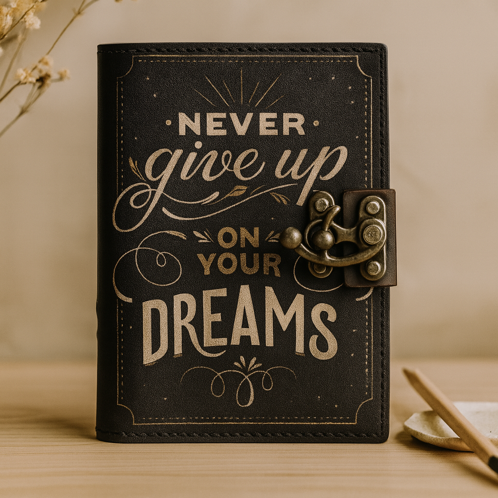 Leather Journal Notebook - Never Give Up On Dreams