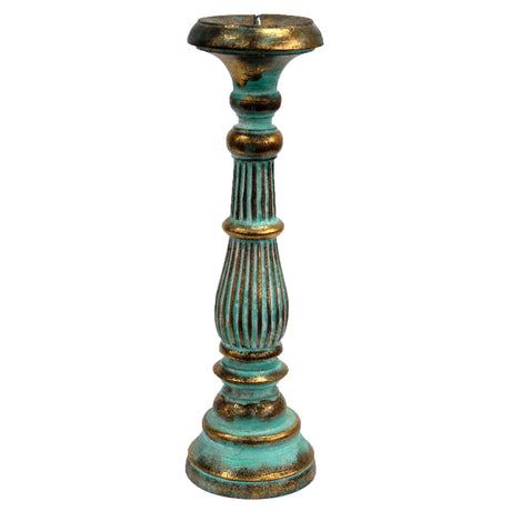 Candle Holder, Large Wooden Turquoise Gold