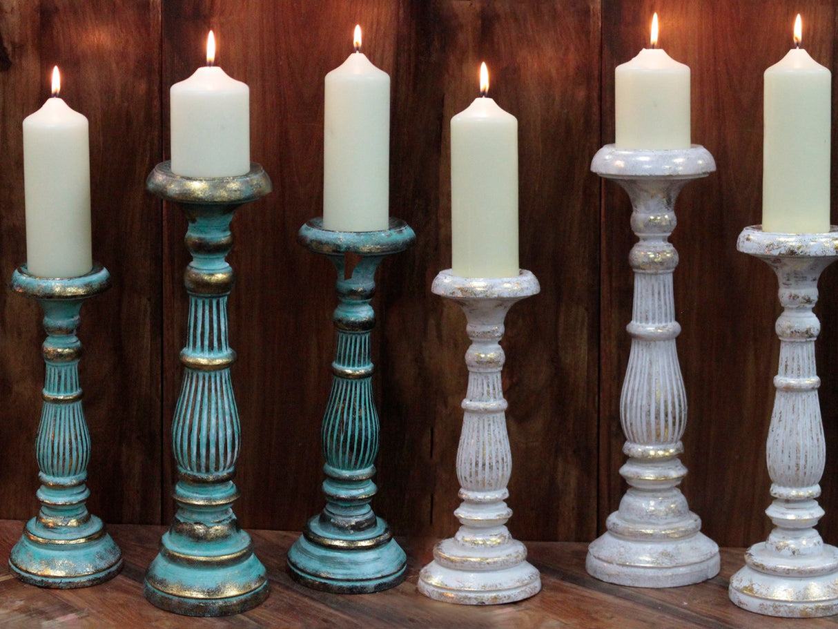 Candle Holder, Large Wooden Turquoise Gold