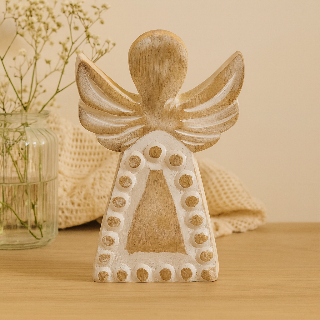 Whitewashed Hand-Carved Mango Wood Angel Figurine