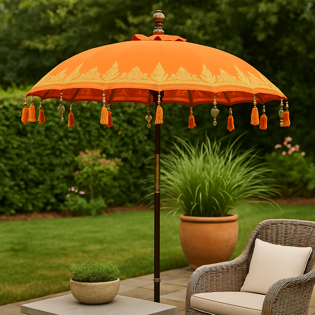Handmade Balinese Orange Cotton Garden Parasol Umbrella 1.5m