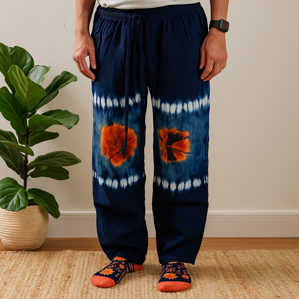 Japanese Shibori Lounge Pants, Indigo Teal Orange Large