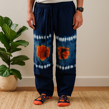 Japanese Shibori Lounge Pants, Indigo Teal Orange Large