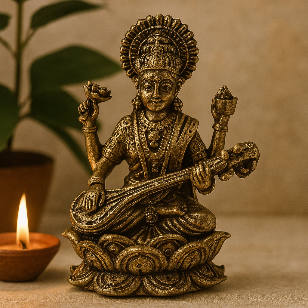 Small Brass Goddess Saraswati Idol Statue 49mm