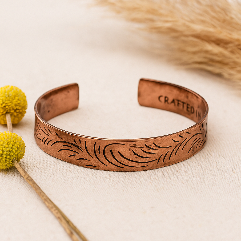 Koperen armband, handgemaakt Tibetaans tribaal swirl ontwerp