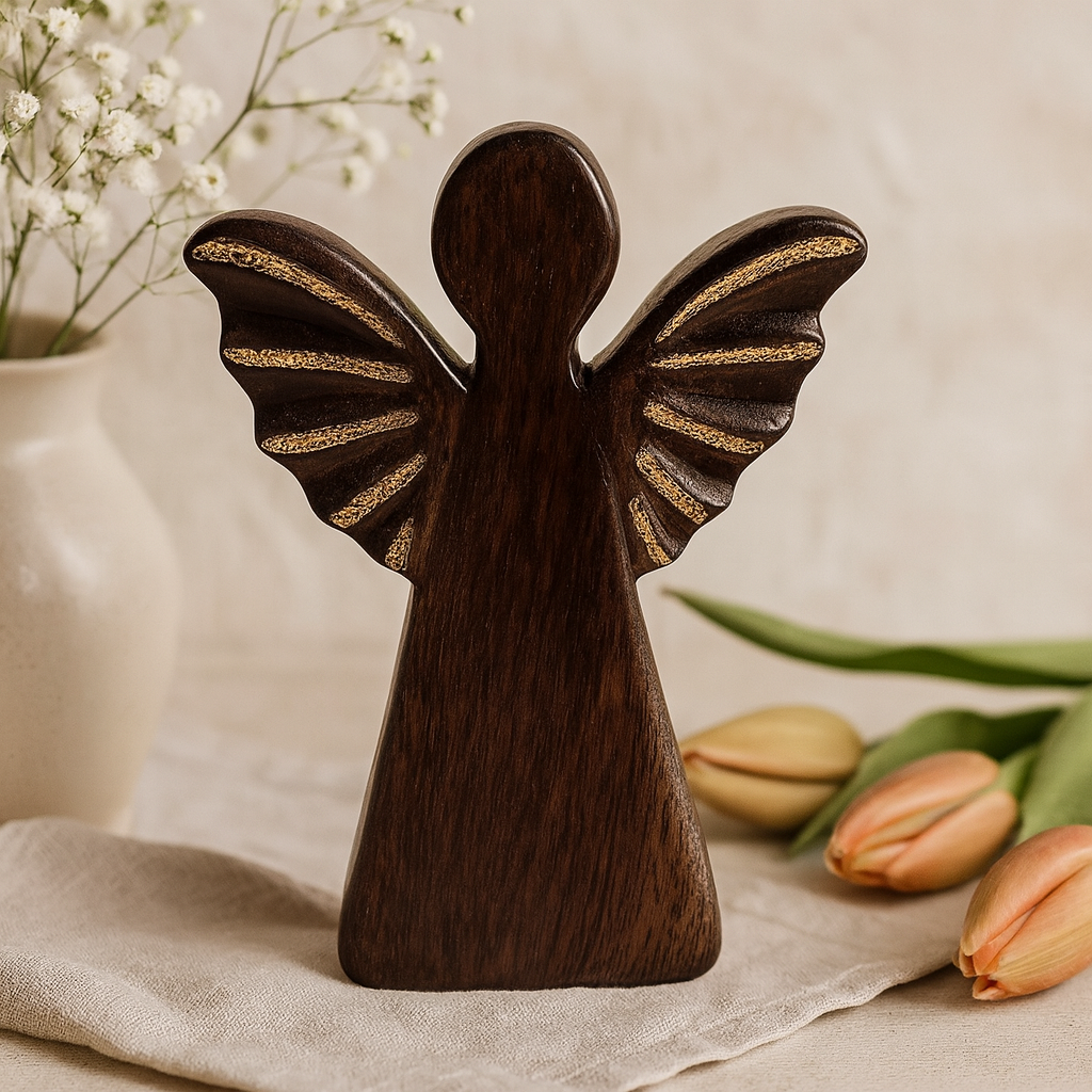 Hand-Carved Mango Wood Angel Figurine, Gold Wings 19cm