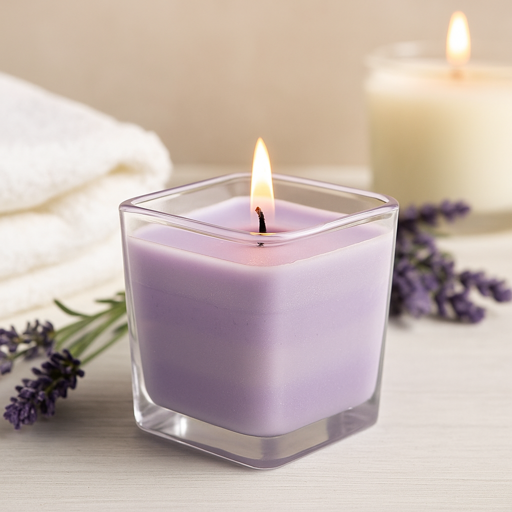 Candela in barattolo di cera di soia Lavanda Basilico Etichetta Bianca