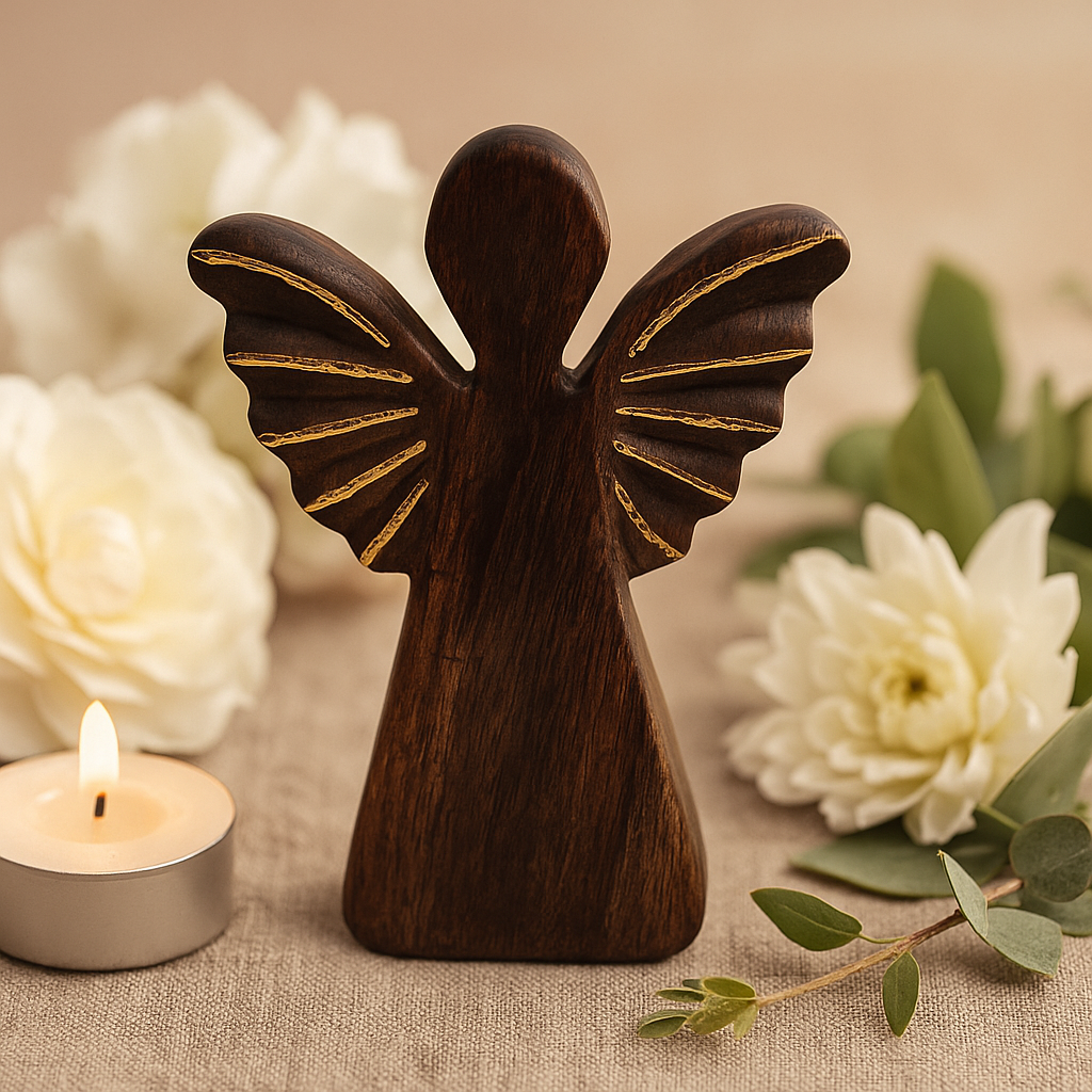Medium Hand-Carved Mango Wood Angel Figurine, Gold Accents