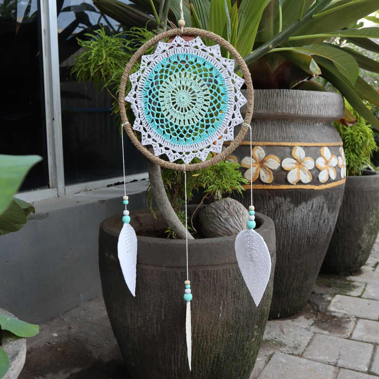Attrape-rêves turquoise végan rotin fait main Bali