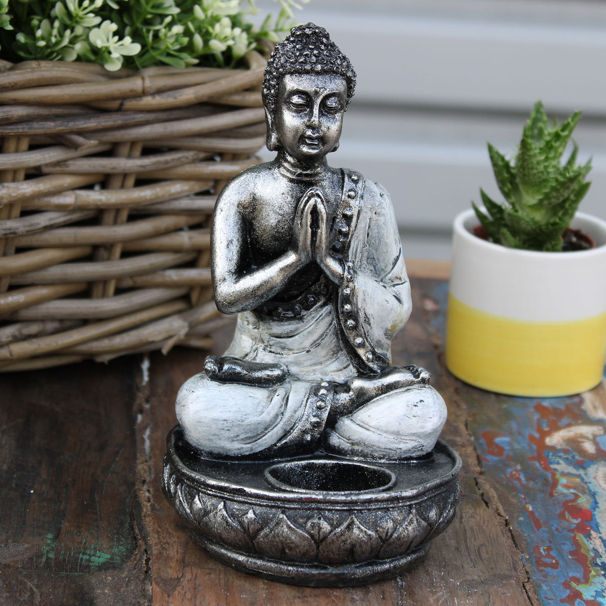 Buddha gyertyatartó gyanta, fehér közepes