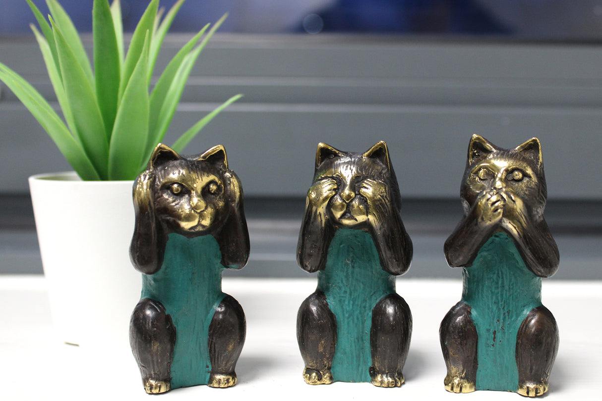 Figurines de chat en laiton Ne pas voir le mal, lot de 3