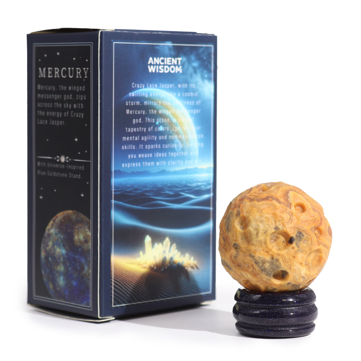 Crazy Lace Jasper Sphere With Goldstone Stand – Mercury
