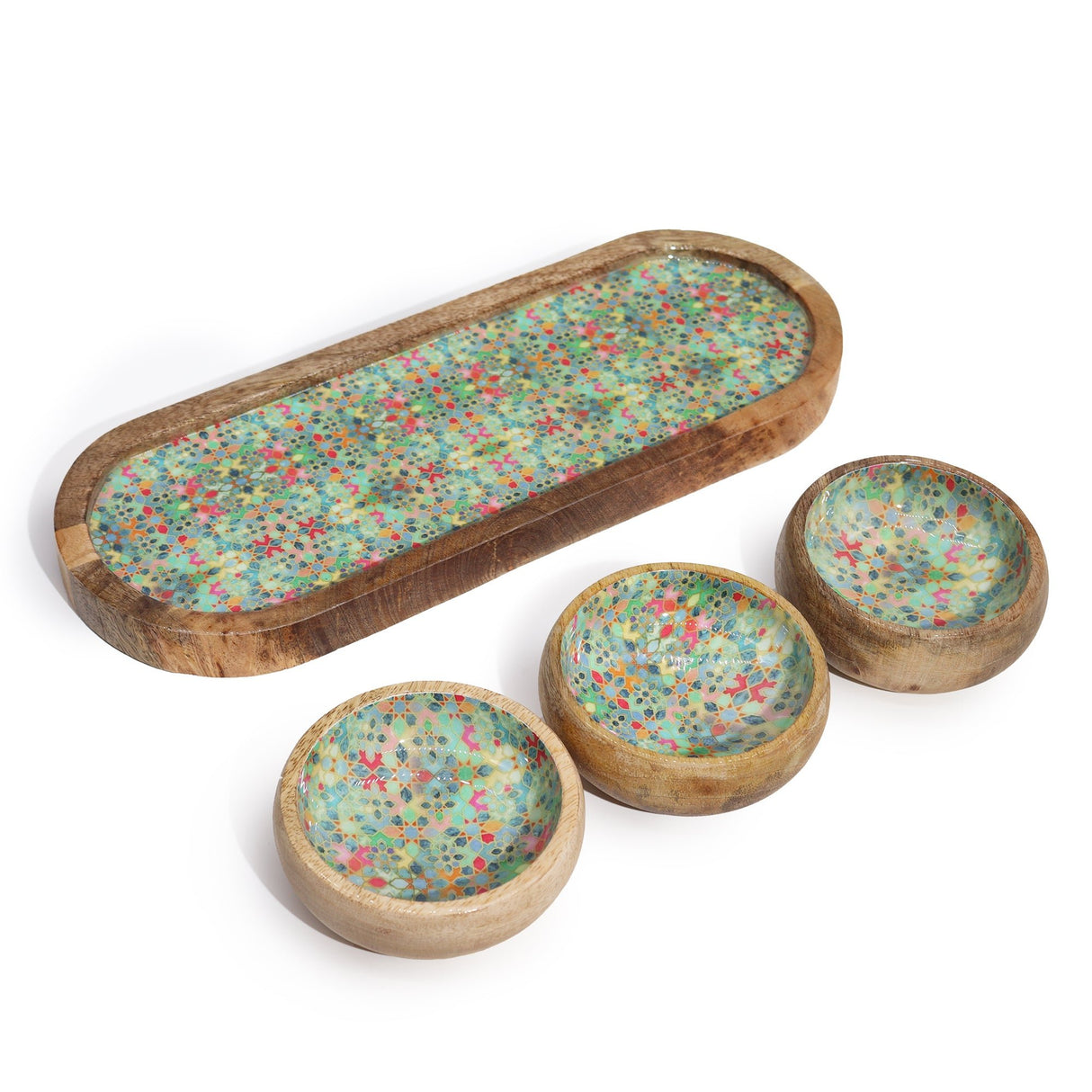 Mango Wood Tray With 3 Bowls Mediterranean Tile Pattern
