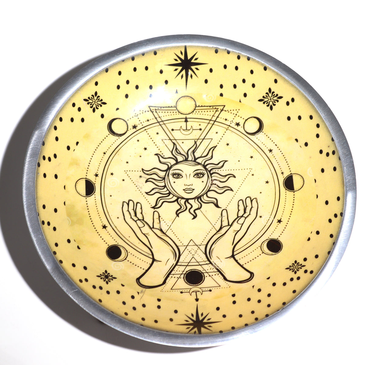 Altar Offering Plate Enameled Tripod Sun and Hands