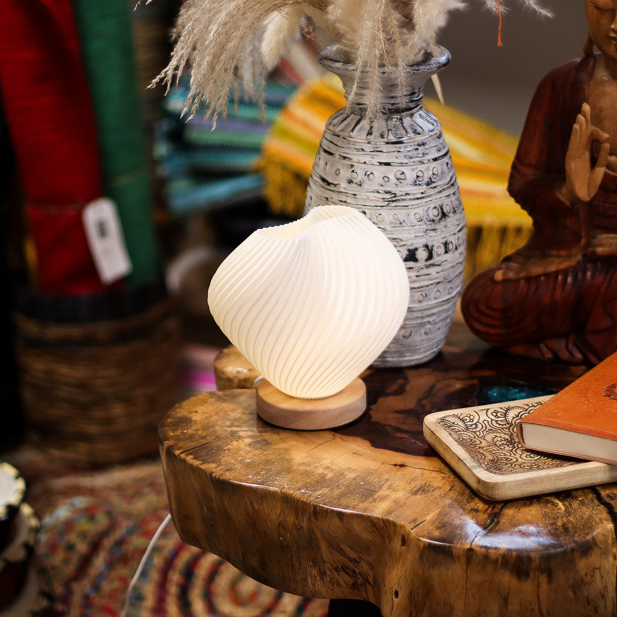 USB Dimmable Spiral Bedside Lamp with Wood Base
