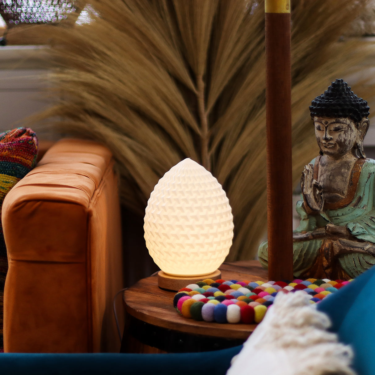 USB Teardrop Bedside Lamp, 3-Level Dimmable, Wood Base