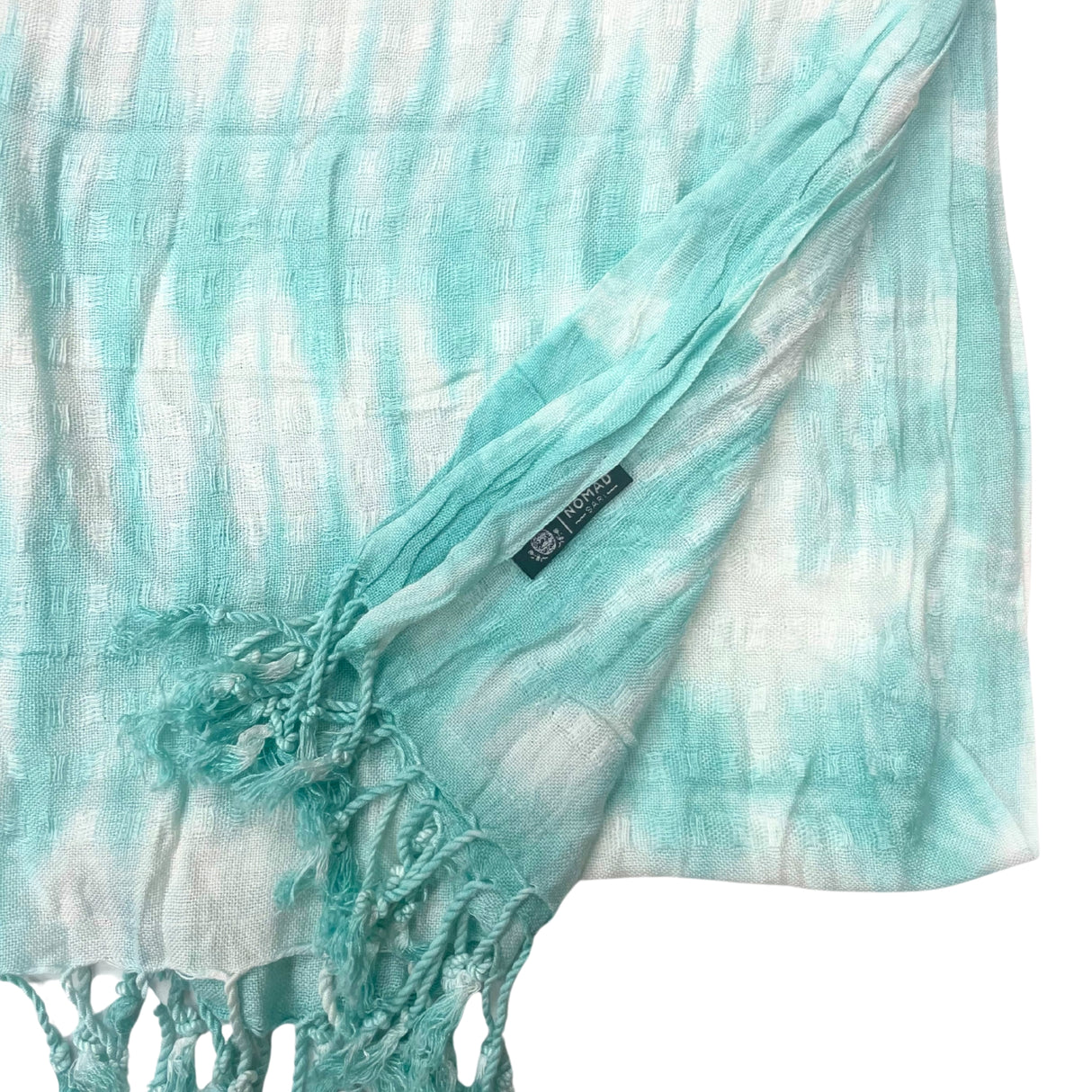 Boho turkusowy szal z lnu z efektem tie-dye i długimi frędzlami