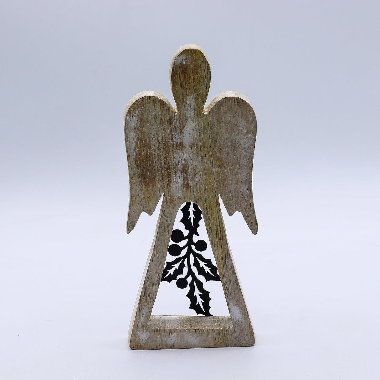 Hand-Carved Mango Wood Angel, Iron Holly Cutout, 18cm