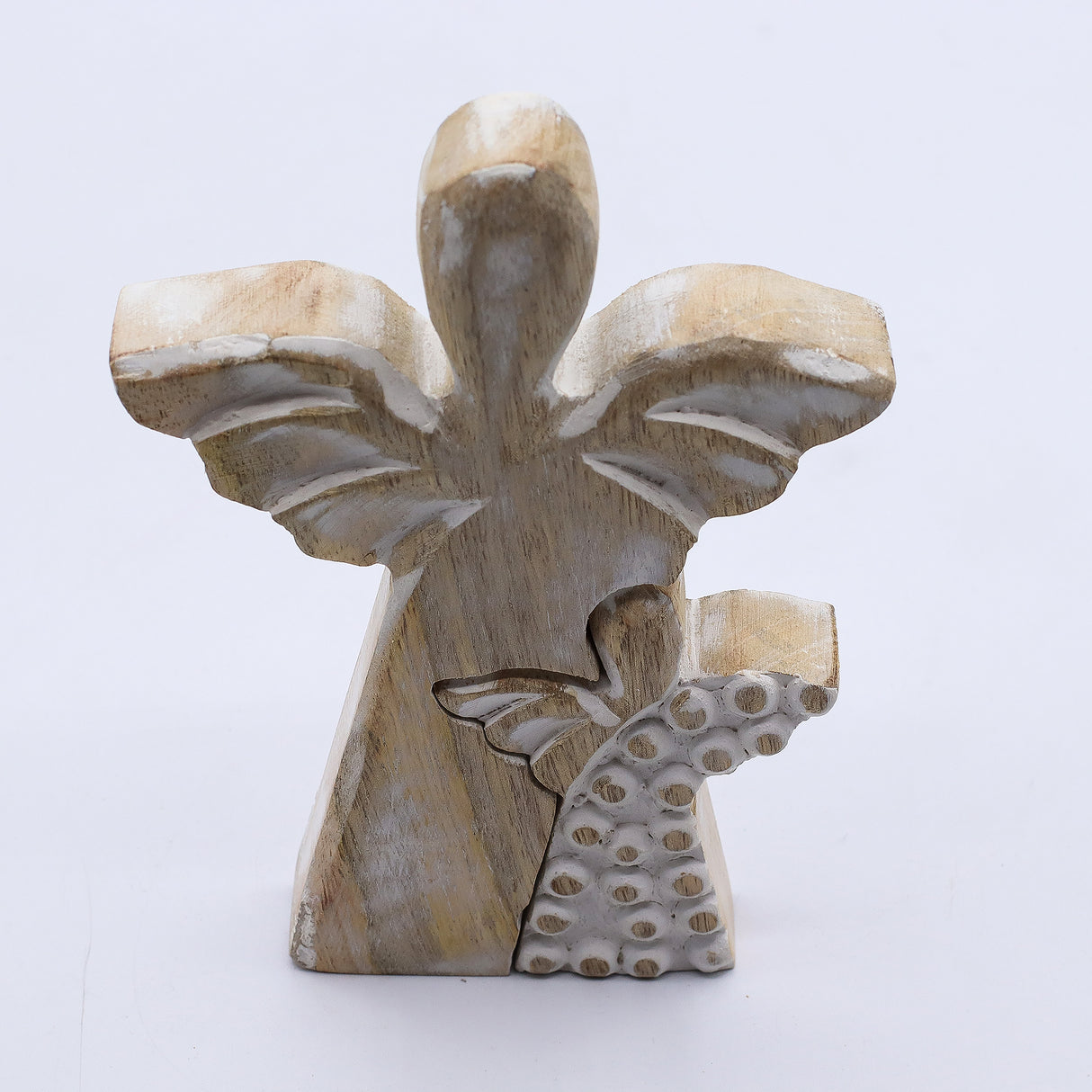 Whitewashed Hand-Carved Mango Wood Double Angel Figurine — Pack of 6