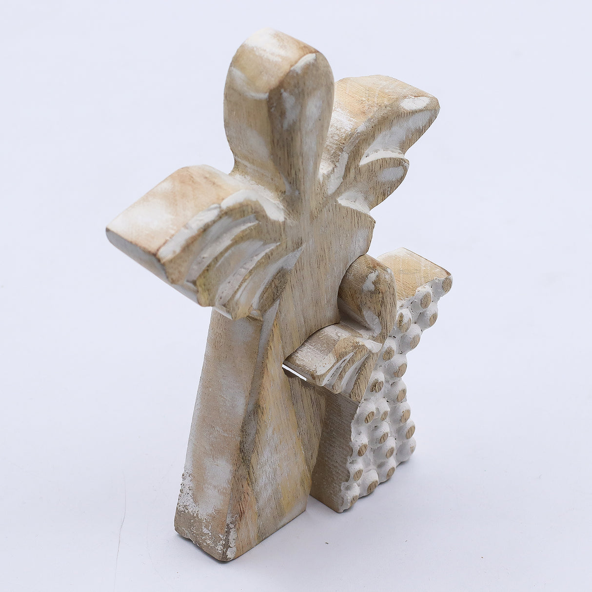 Whitewashed Hand-Carved Mango Wood Double Angel Figurine — Pack of 6