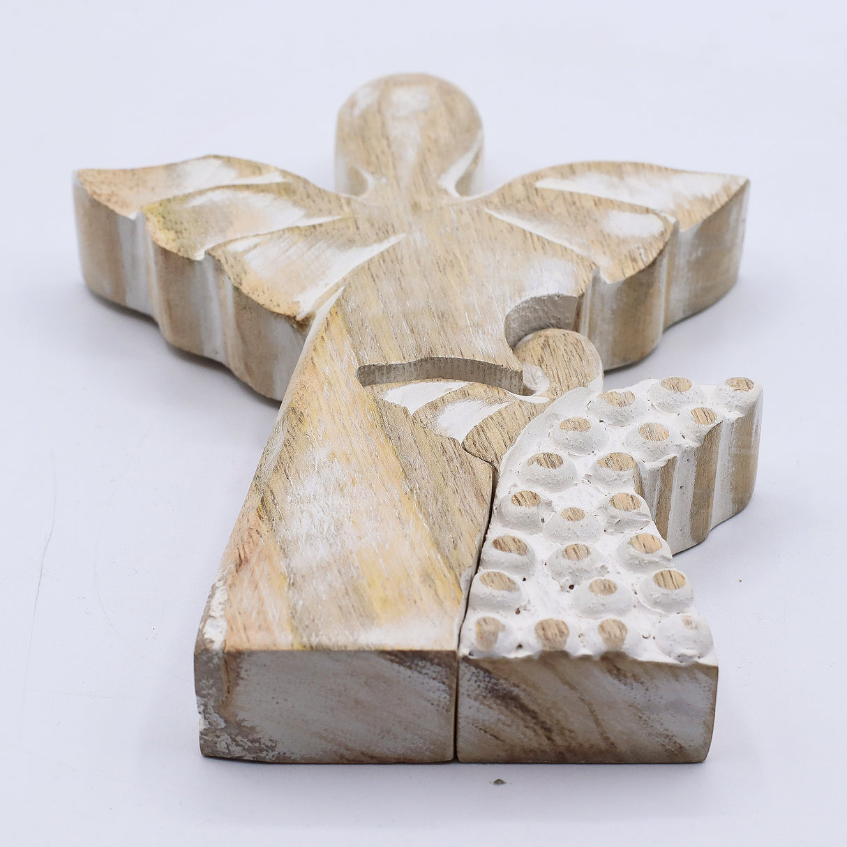 Whitewashed Hand-Carved Mango Wood Double Angel Figurine — Pack of 6