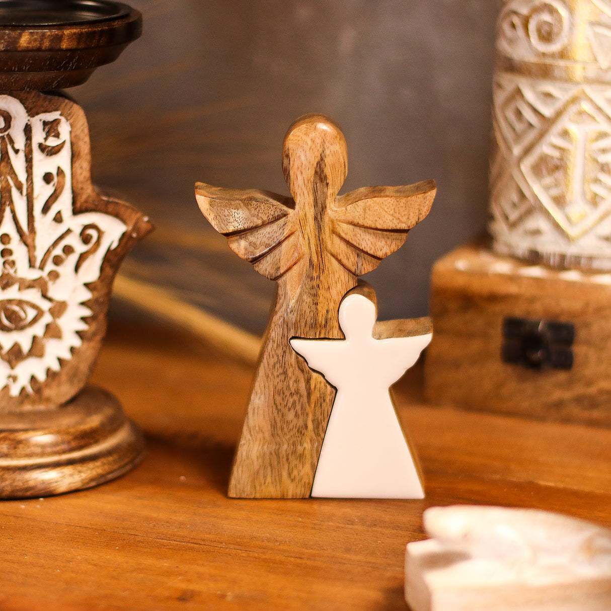 Nested Mango Wood Angel Figurine White Enamel