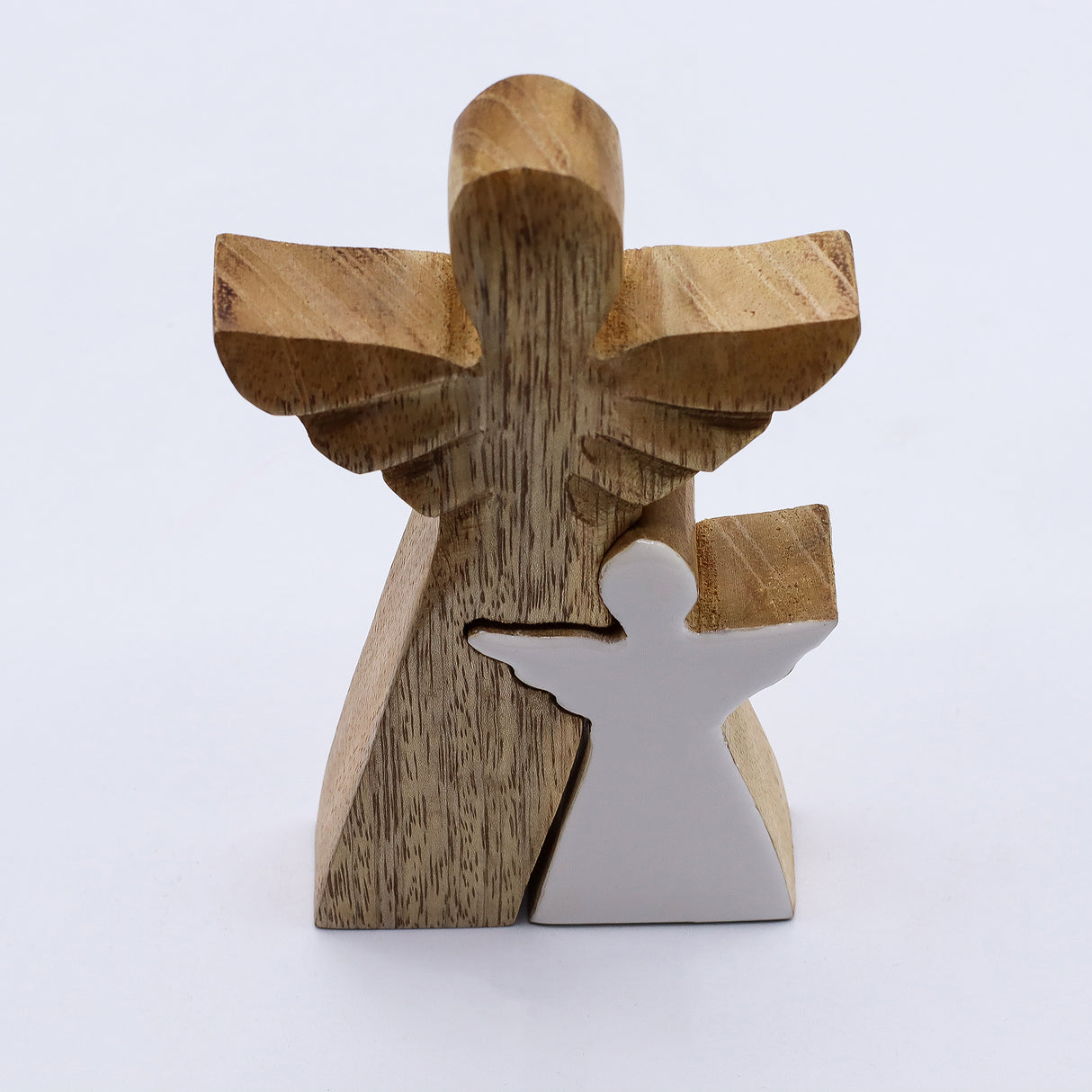 Nested Mango Wood Angel Figurine White Enamel