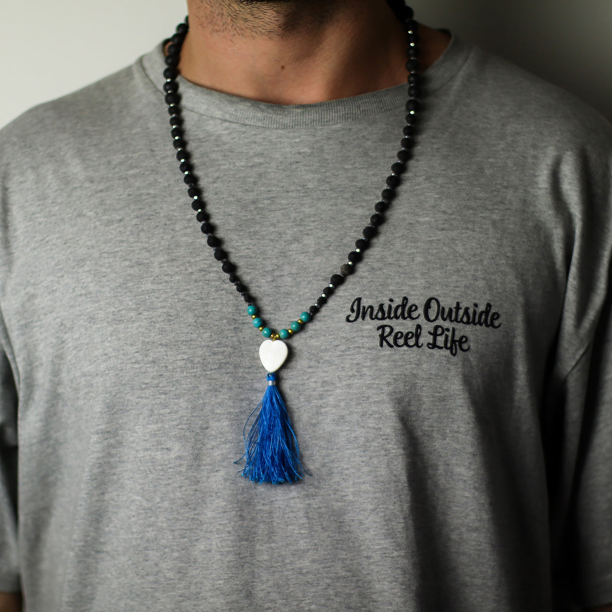 Lava Stone Mala Meditation Necklace with Blue Tassel