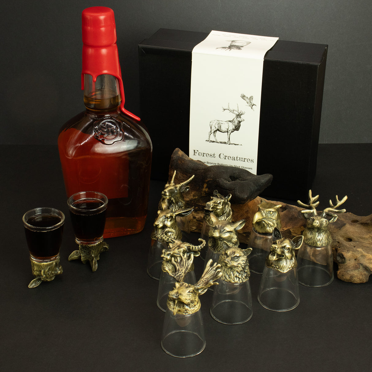 12 verres à shot animaux de la forêt à fond large, bronze antique