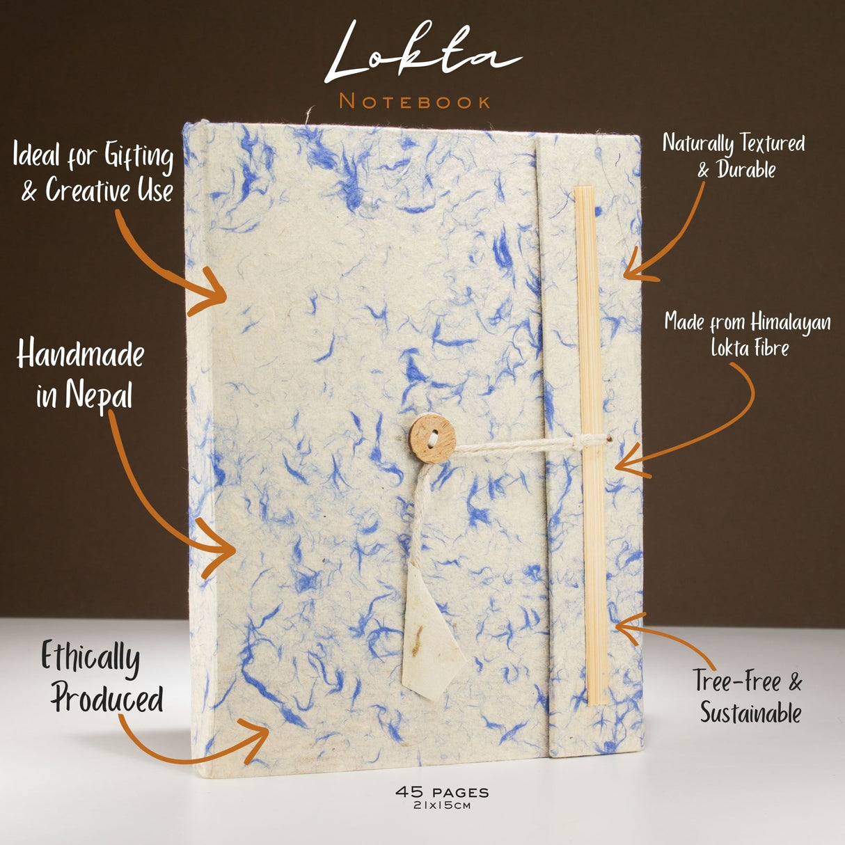 Carnet handmade A5 din hârtie Lokta cu semn de carte albastru