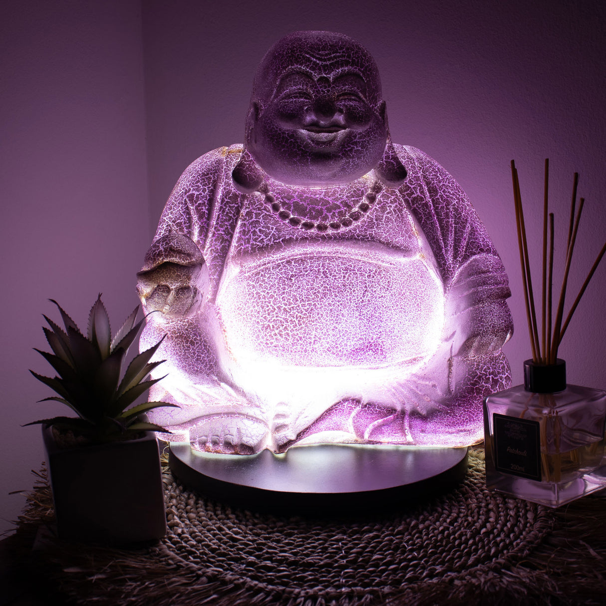 Lampa Smějící se Buddha Levandulový prasklý efekt – kulatý stojan