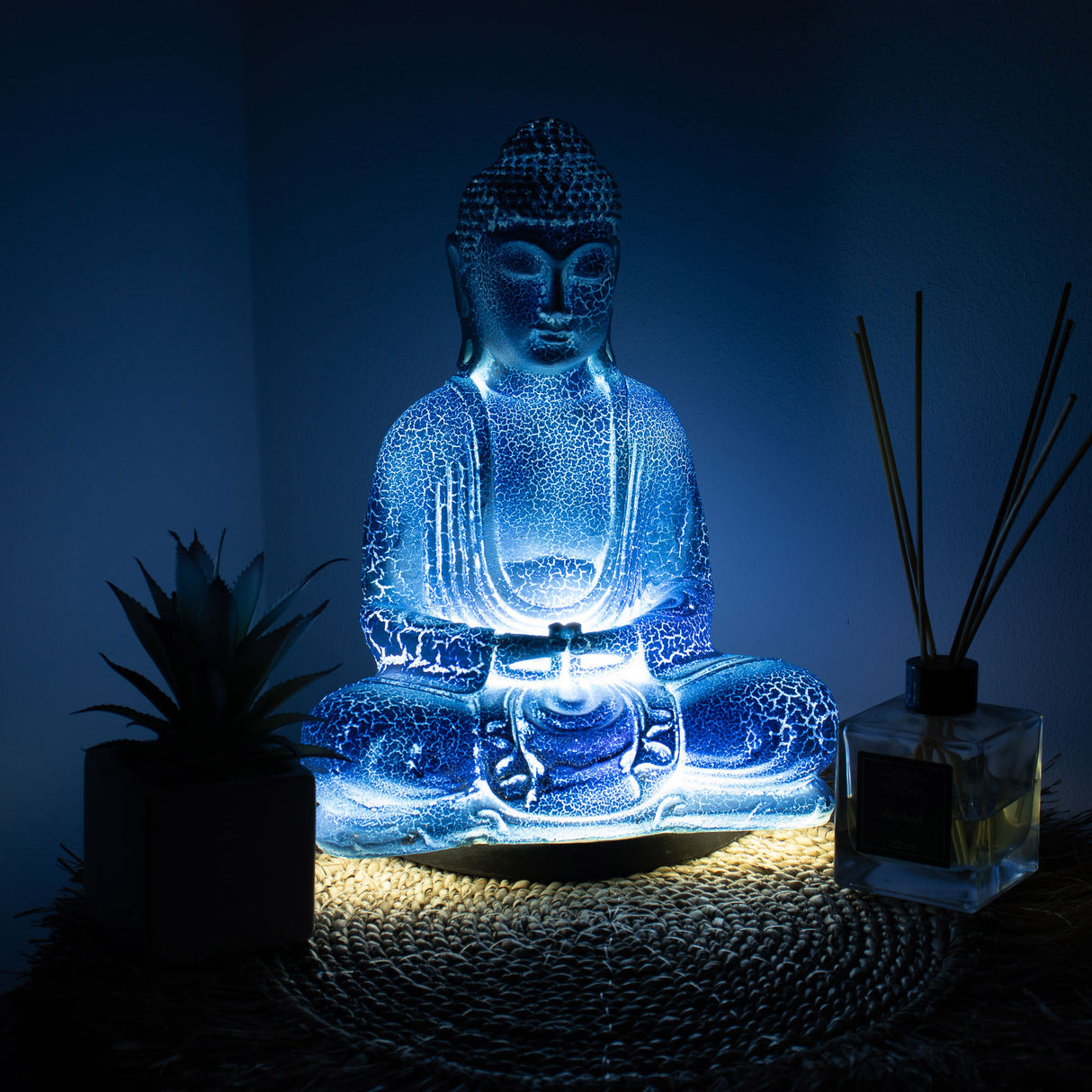 Meditace Buddha lampa nebesky modrá – oválný stojan