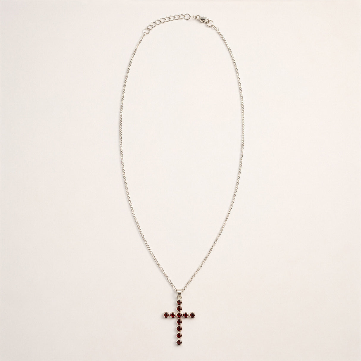 Indian Devotional Pendant - Silver Plated (45cm Chain)- Garnet Crucifix