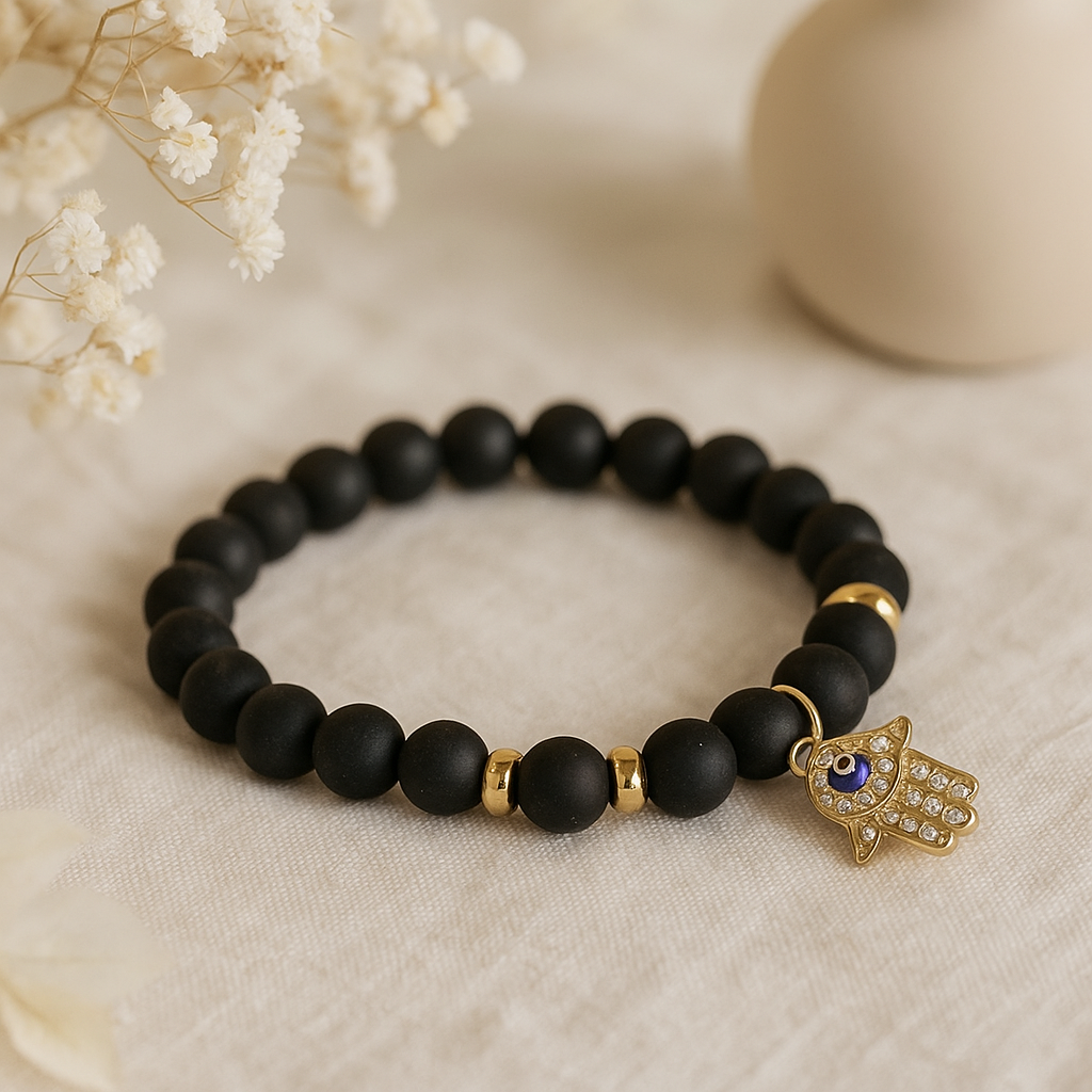 Black Agate Bracelet With Angel Wing Charm