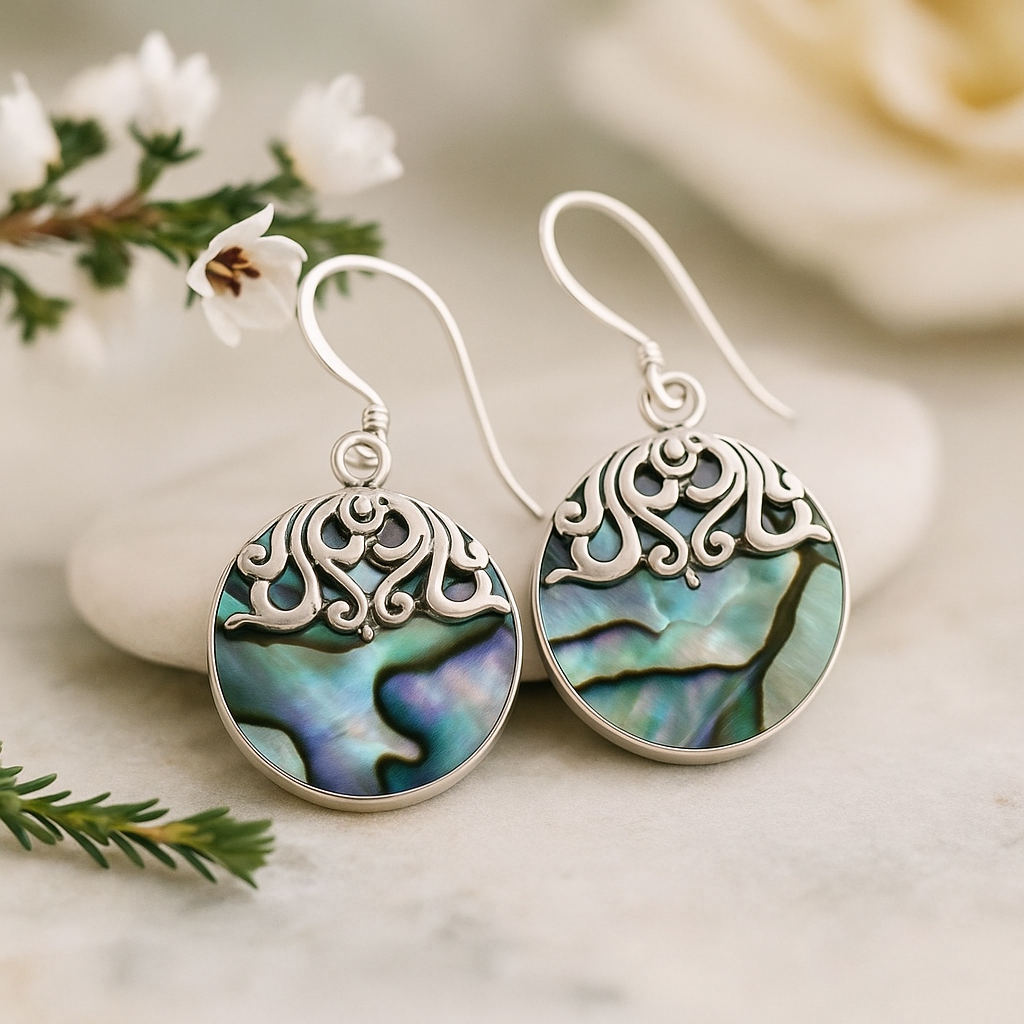 Brincos Disco de Concha de Abalone em Prata Esterlina 925