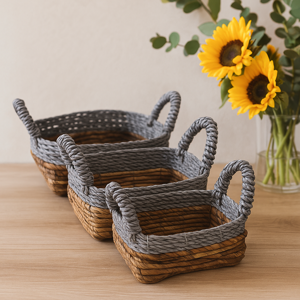 Set de 3 coșuri pătrate din frunze de banană și rafie