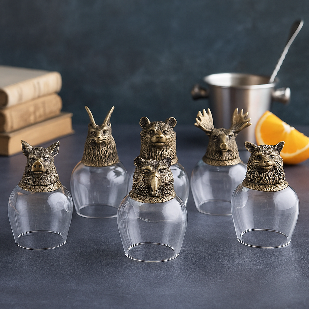 Antique Bronze Animal-Head Shot Glass Set 5x50ml