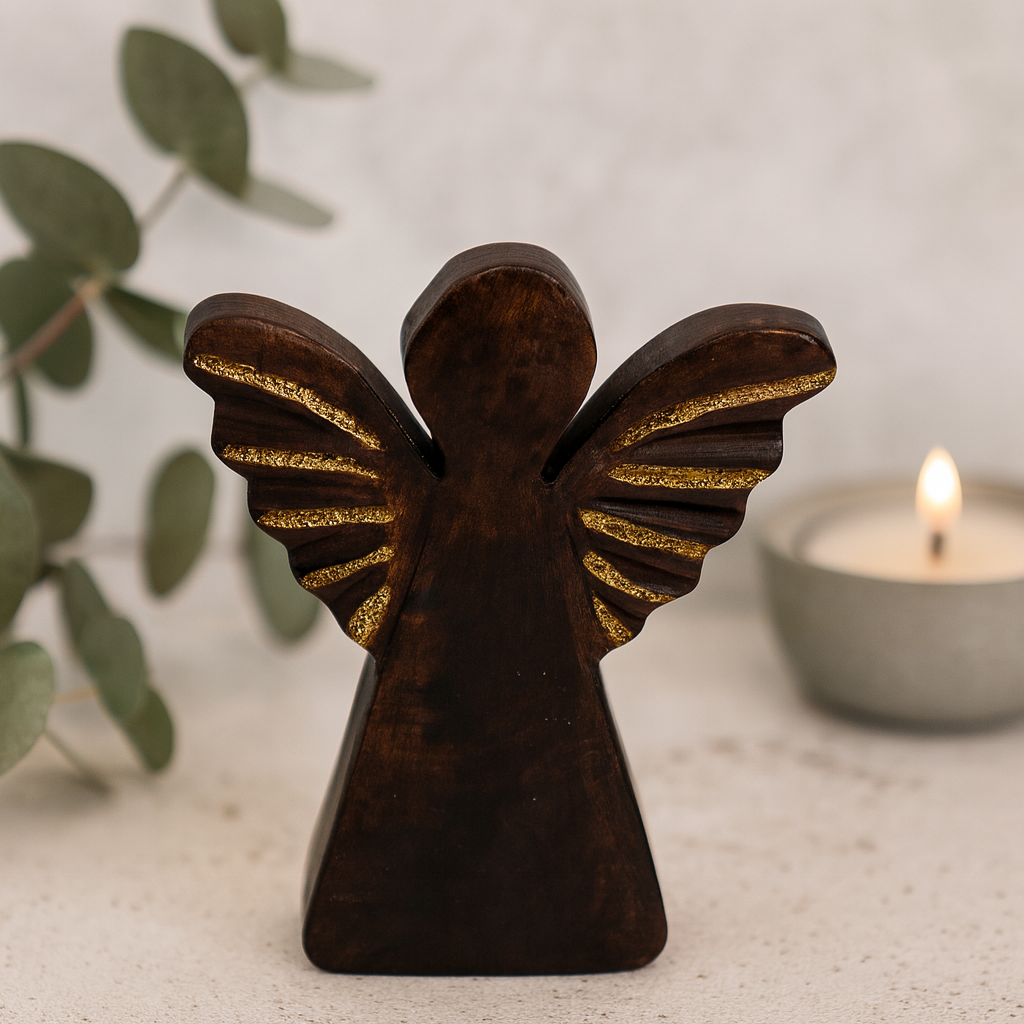 Hand-Carved Mango Wood Angel Figurine with Gold Wings