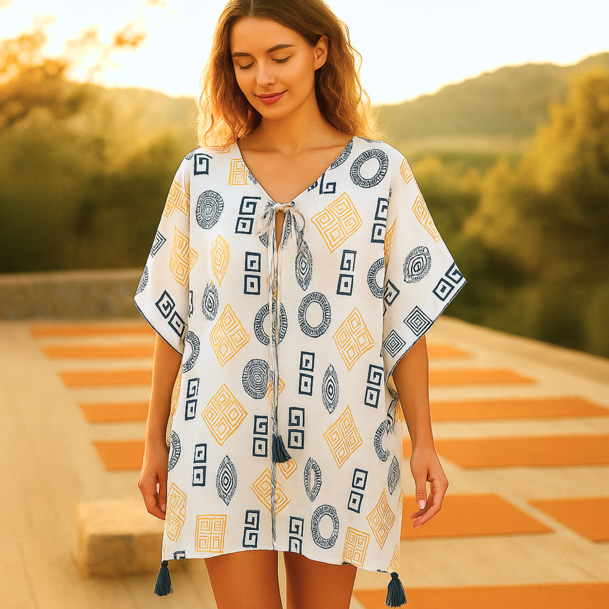 Nomad Sari On the Med Collection – Kaftan – Griechisches Motiv in Gold und Blau – handbemalt