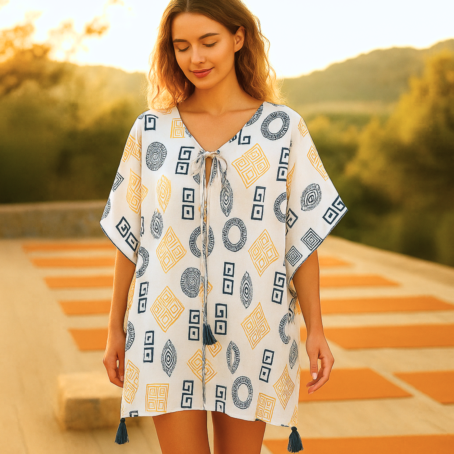 Nomad Sari On the Med Collection – Kaftan – Griechisches Motiv in Gold und Blau – handbemalt