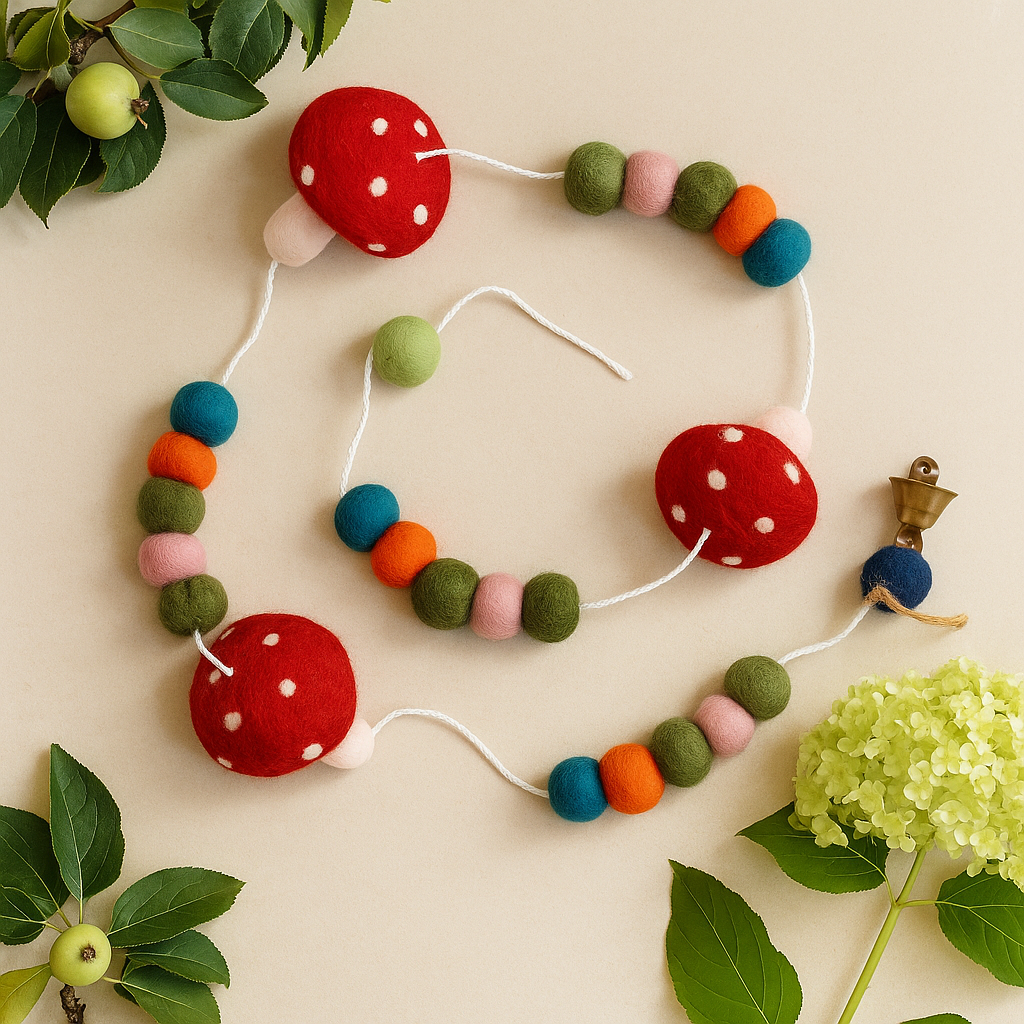 Felt Mushroom Garland With Colorful Balls and Bell