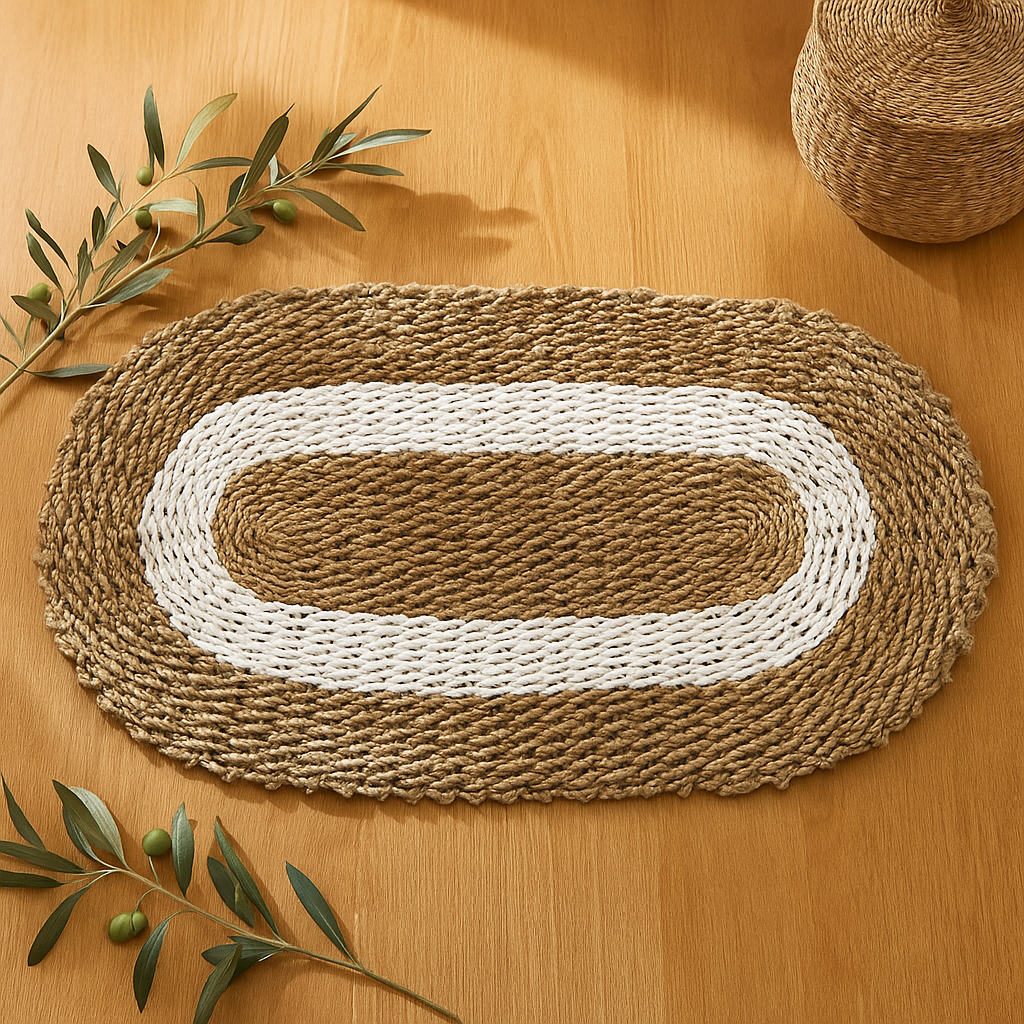 Tapete de erva-marinha oval branco e bege 60x120 cm