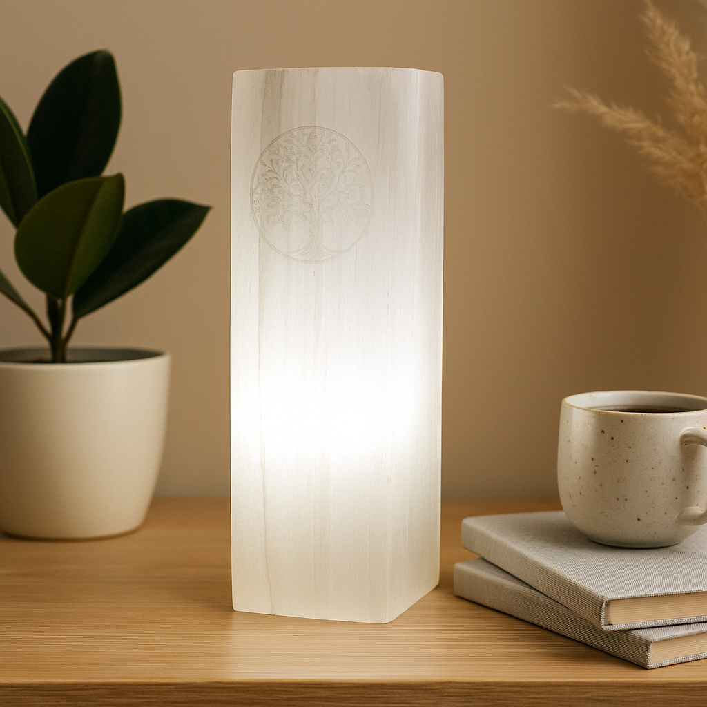 Selenitt blokk lampe livets tre 25cm