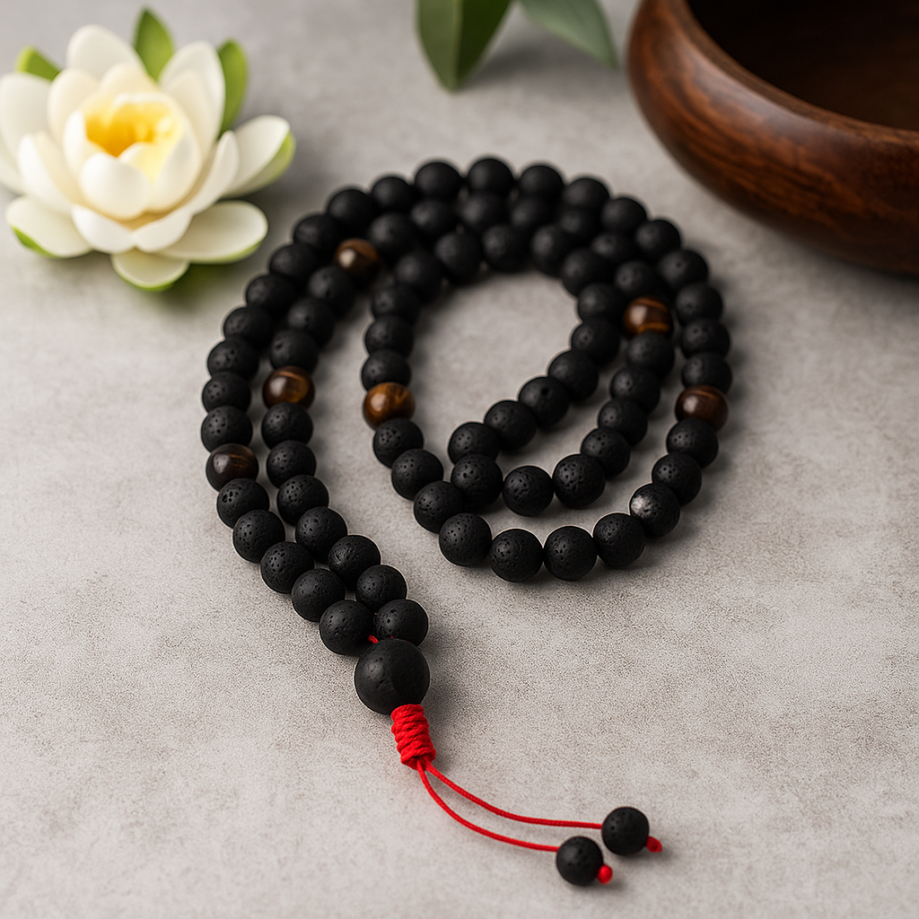 Lava Stone Meditation Mala Necklace with Tassel